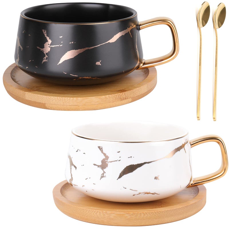 Peohud 2 Pack Ceramic Tea Coffee Cup 10 OZ Coffee Mug with 304 Stainless Steel Spoon and Bamboo Saucer Marble Espresso Cups for Latte Cappuccino Americano White and Black