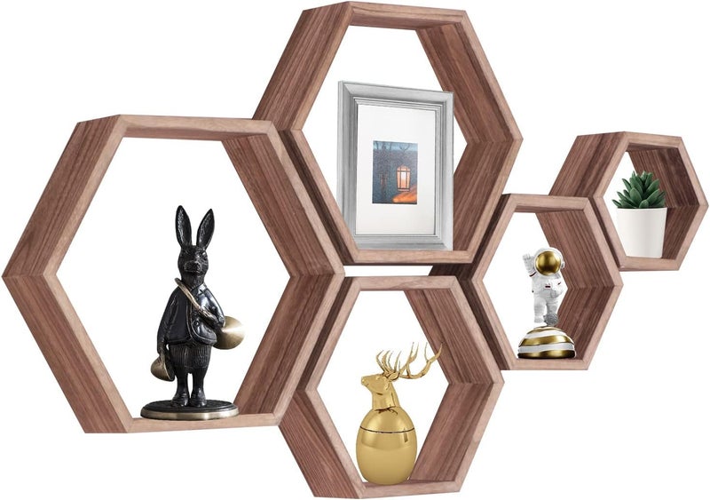PHOENANCEE Hexagon Floating ShelvesHoneycomb Shelf Set of 5Octagon Shelves Wall Mounted Hanging Storage Cube Wood for Bathroom Kitchen Bedroom Living Room Office Home