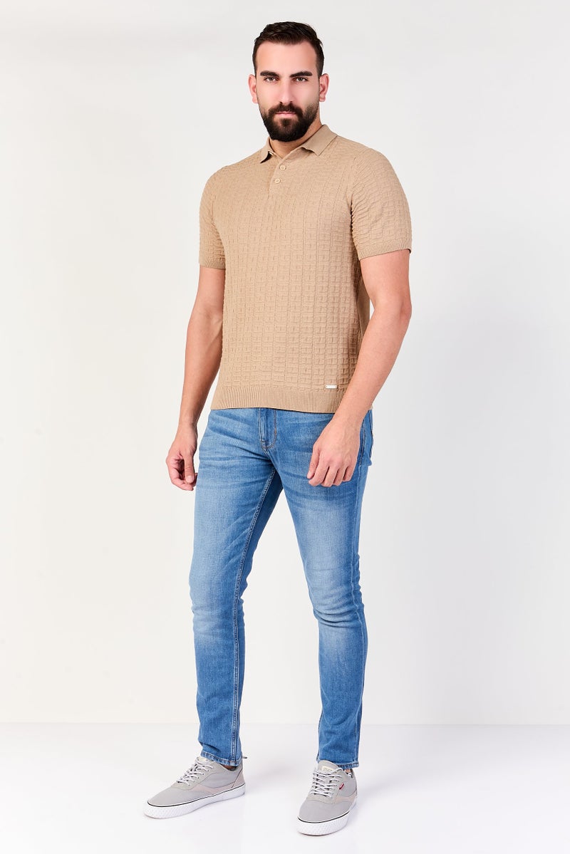 Threadbare Men Regular Fit Short Sleeve Textured Polo Shirt, Tan - Image 2