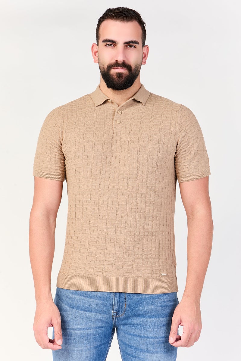 Threadbare Men Regular Fit Short Sleeve Textured Polo Shirt, Tan - Image 1