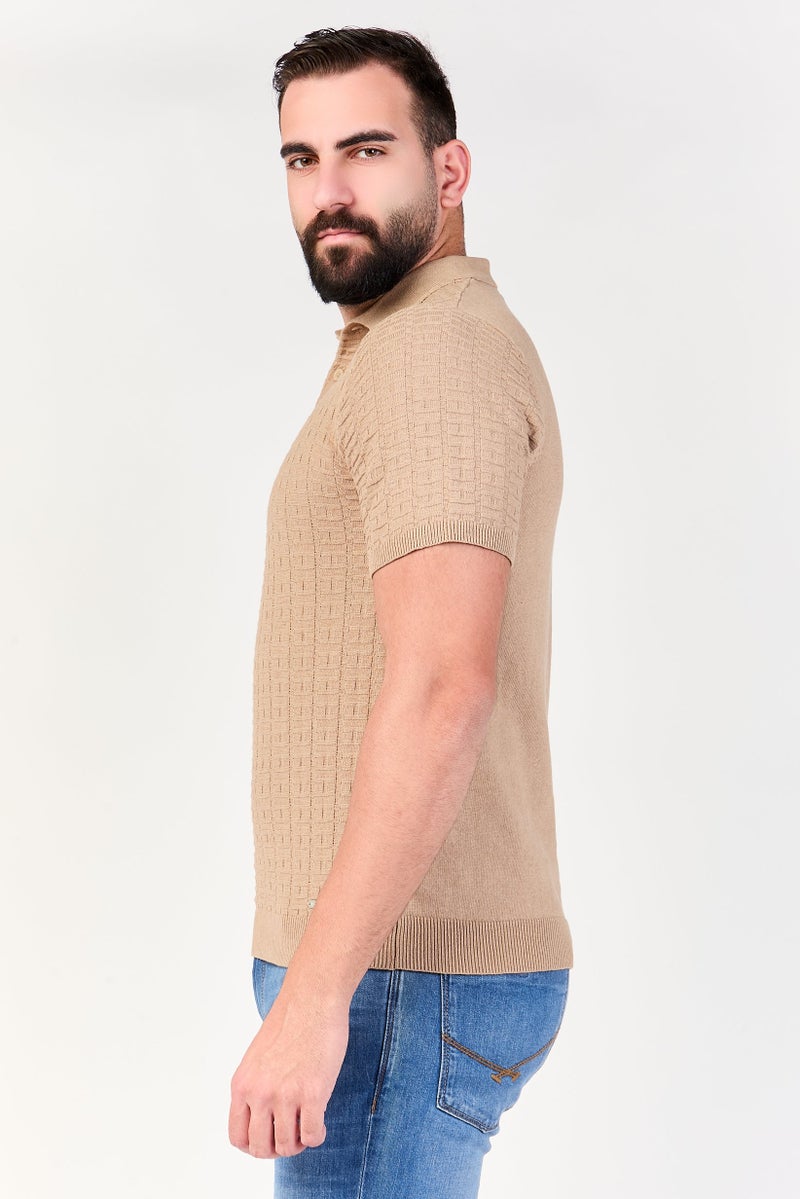 Threadbare Men Regular Fit Short Sleeve Textured Polo Shirt, Tan - Image 3