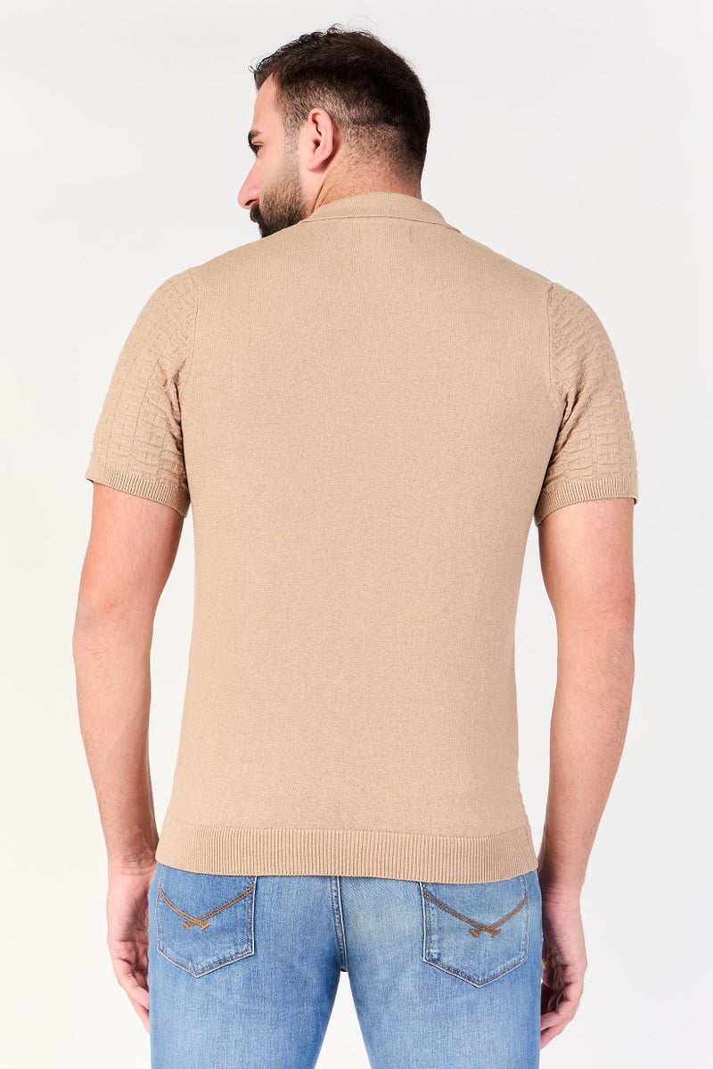 Threadbare Men Regular Fit Short Sleeve Textured Polo Shirt, Tan - Image 4