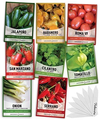 Gardeners Basics, Heirloom Hot Salsa Growing Seed Packets 8 Varieties Habanero, Jalapeno, Serrano Peppers, Roma, San Marzano Tomato, Cilantro, Green Onion, Tomatillo for Garden Non-GMO Heirloom - Image 1