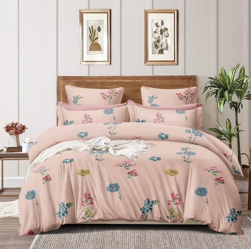SHOPICTED 350TC Glace Floral Cotton AC Comforter Set King Size Double Bed with 1 Flat bedsheet and Two King Pillow Covers, 4 Pieces Bedding Set in a Bag (90x100 inch, Pink Small Flowers) - Image 1