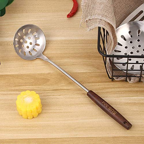 pepplo Slotted Spoon Colander,Ladle, 304 Stainless Steel Cooking Ladle Spoon Wok Tools with Long Wooden Handle Heat Resistant,Silver/11.6Inch (1PCS, Slotted Ladle) - Image 1