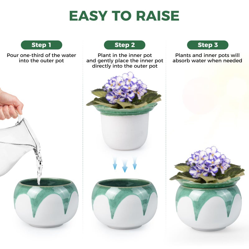 BUYMAX African Violet Pots, 6 inch Ceramic Easy Self Watering Plant Pot for Busy Plant Lovers, Automatically Absorb Appropriate Amount of Water, Flower Pot Indoor-Plants Not Included(Green) - Image 5
