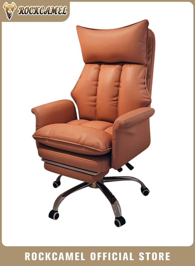 ROCKCAMEL كرسي ألعاب ومكتبي مريح مصمم وفقاً لبيئة العمل البشرية، مناسب للمساحات الصغيرة، مزود بمسند أقدام قابل للسحب ومسند ظهر مرتفع، مع وسادة رأس مبطنة ووسادة جلوس من اللاتكس للراحة خلال الجلوس الطويل، باللون البني. - Image 1