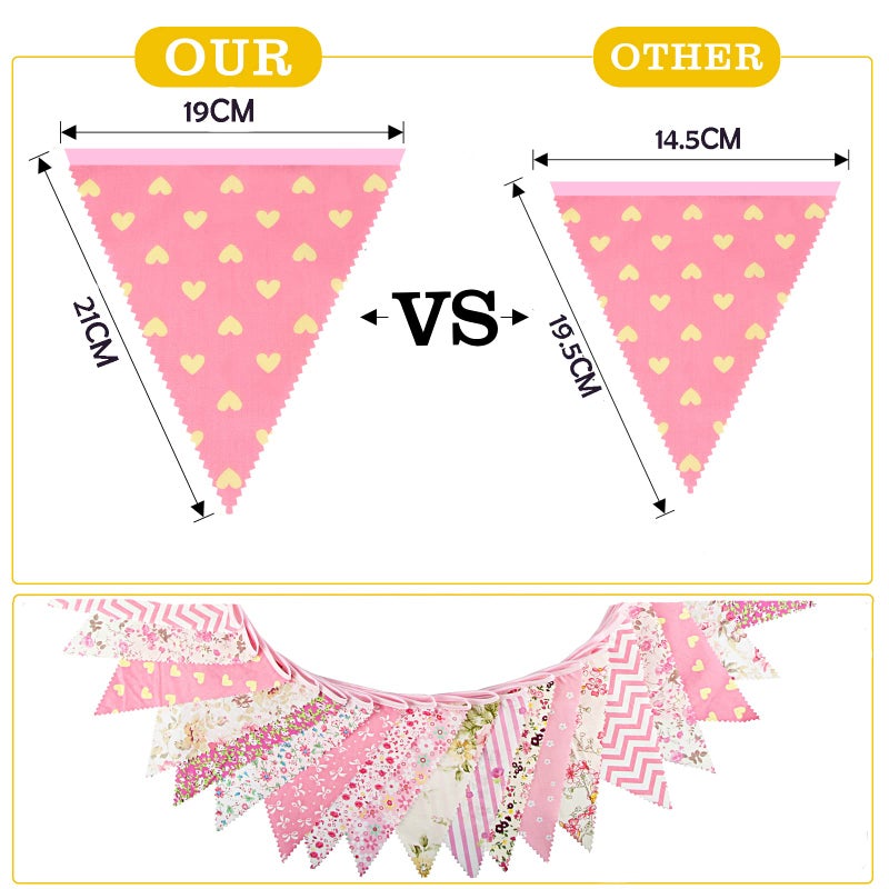 G2PLUS 12M Floral Fabric Bunting Banner,19x21CM Large Reusable Cotton Triangle Flag Garland with 42PCS Decoration Floral Pennants for Garden Tea Wedding Baby Shower Birthday Parties-Pink - Image 2