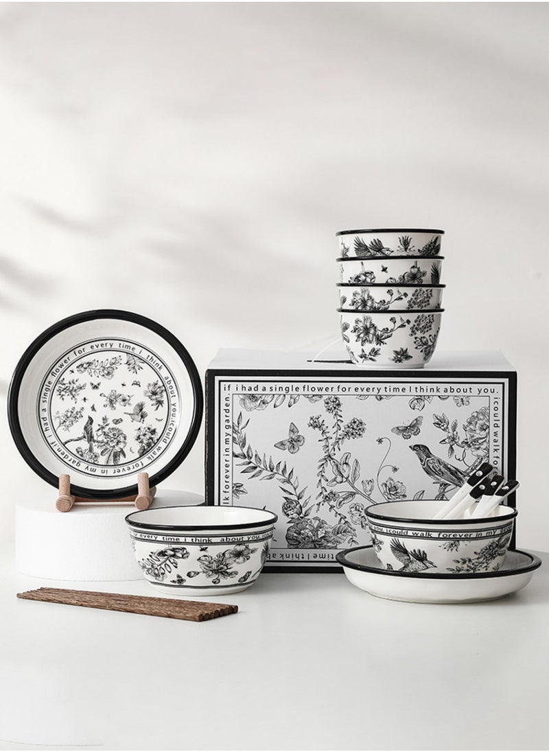 Ceramic Cutlery Gift Set, Four Bowls (4.6 "), Two Soup Bowls (6 "), Two Plates (8 "), Four Pairs Of Chopsticks And Four Spoons, Suitable For Four People - Image 1
