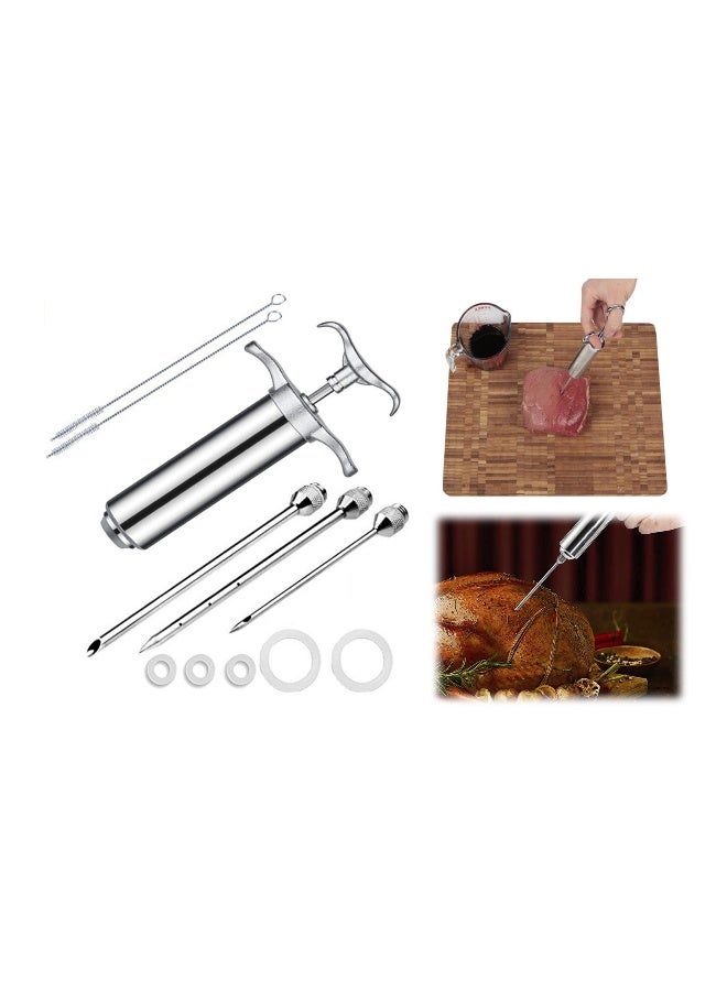 Heavy duty 304 Stainless Steel Meat Injector Kit with 2Oz Large Capacity Barrel 3 commercial Marinade Needles Food Syringe for Beef Steak BBQ Silver
