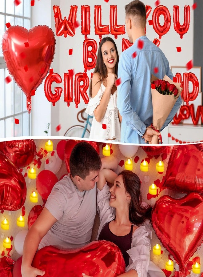 Seenelling Will You Be My Girlfriend Balloon Wedding Proposal Decor 24 LED Flameless Tealight Heart Candle 2000 Artificial Rose Petals Love Balloon for Engagement Decor Romantic Special Night(White) - Image 3