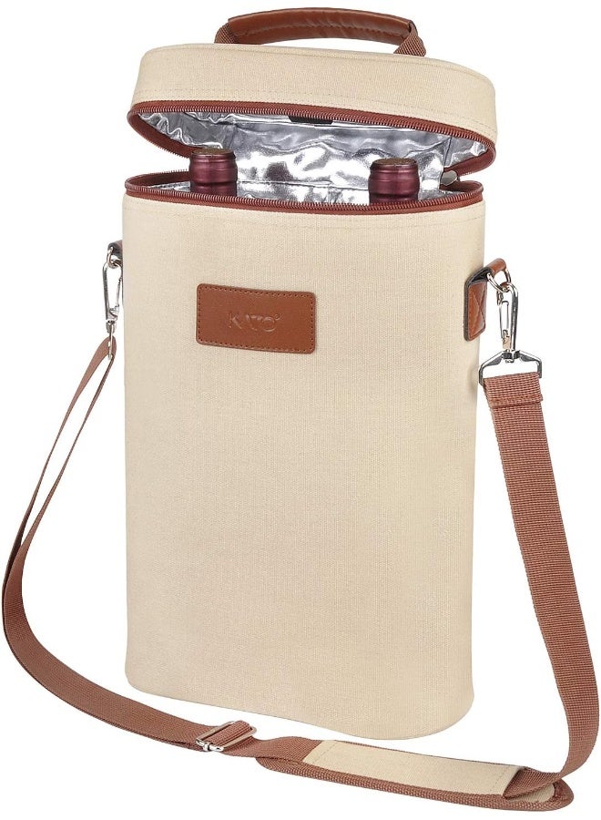 Tirrinia 2 Bottle Wine Gift Tote Carrier - Leakproof & Insulated Padded Versatile Wine Cooler Bag for Travel, BYOB Restaurant, Wine Tasting, Party, Dinner, Gift for Wine Lovers, Beige - Image 1