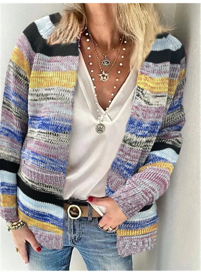 NIBEMINENT Women Cardigan Sweater Colorful Striped Knitted Coats Long Sleeve Knitwear Jackets Fall Winter Casual - Image 1