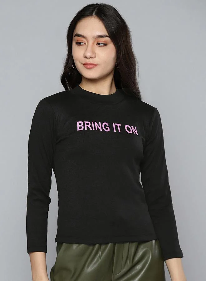 SASSAFRAS Slogan Print High Neck Rib Knit Top by Styli