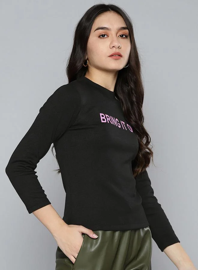 SASSAFRAS Slogan Print High Neck Rib Knit Top by Styli
