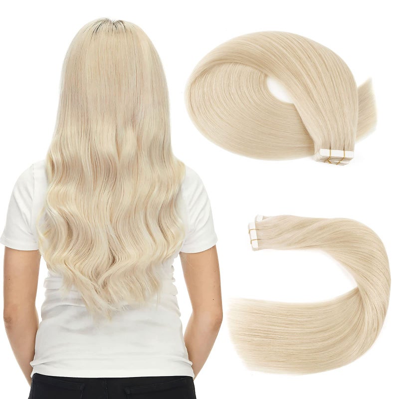 Sassina Tape in Hair Extensions Human Hair Invisible Seamless Skin Wefts Double Sided Tape in Human Hair Extensions Platinum Ash Blonde 20Pcs 50g per set 22inch 60