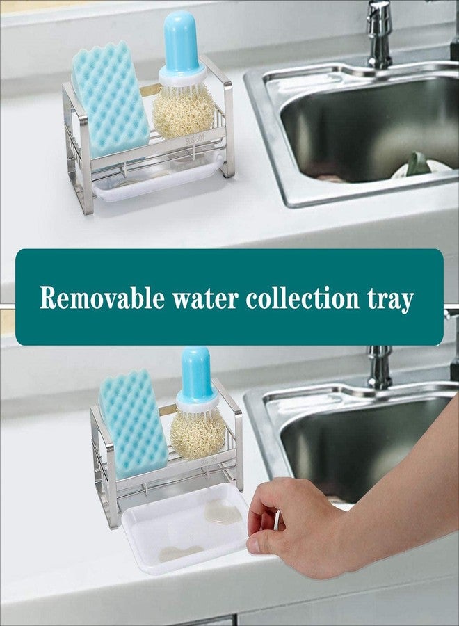 Vaigzo Sponge Holder for Kitchen Sink Caddy Organizer, Stainless Steel, Silver, with Detachable Dish Drainer Tray - Image 4
