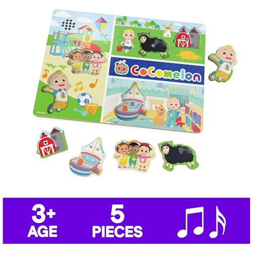 Spin Master Games Cocomelon Chunky Musical Wooden Sound Puzzle Plays Cocomelon Song Kids Puzzle Easy Activity Toy for Preschoolers 5 Pieces Easter Gift Ages 3 Up - Image 5