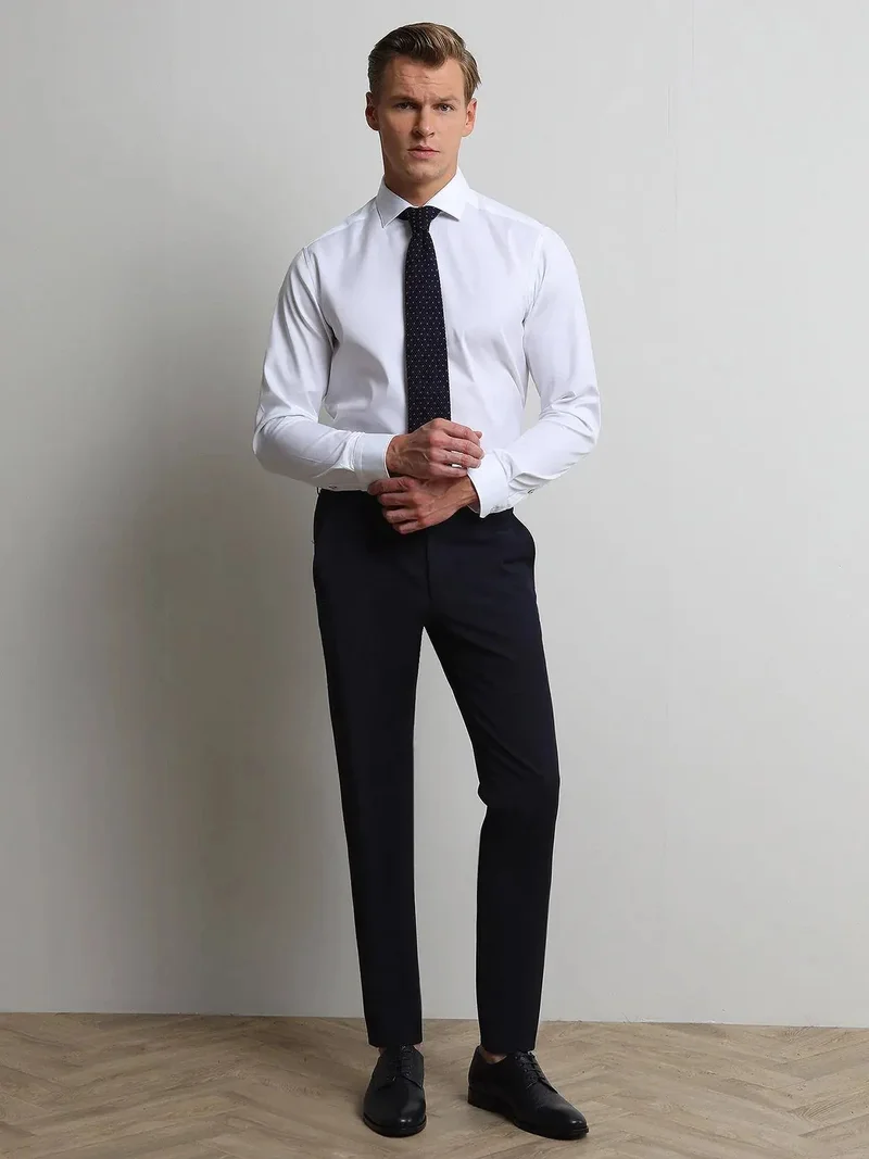 Kip Navy Blue Weaving Slim Fit Classical Wool Blended Trousers
