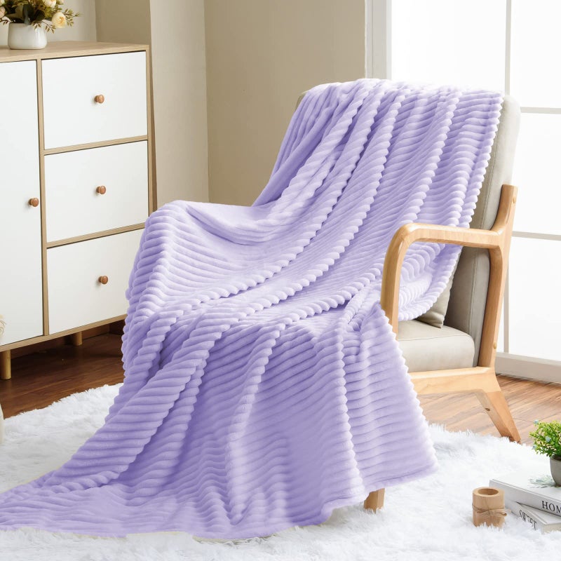 Vessia Flannel Fleece Throw Blanket for Couch,Sofa,Bed, 300GSM Striped Lavender Blanket for Adults and Kids, Super Soft Warm Cozy Lightweight Ribbed Lilac Throw for All-Season(Light Purple) - Image 1