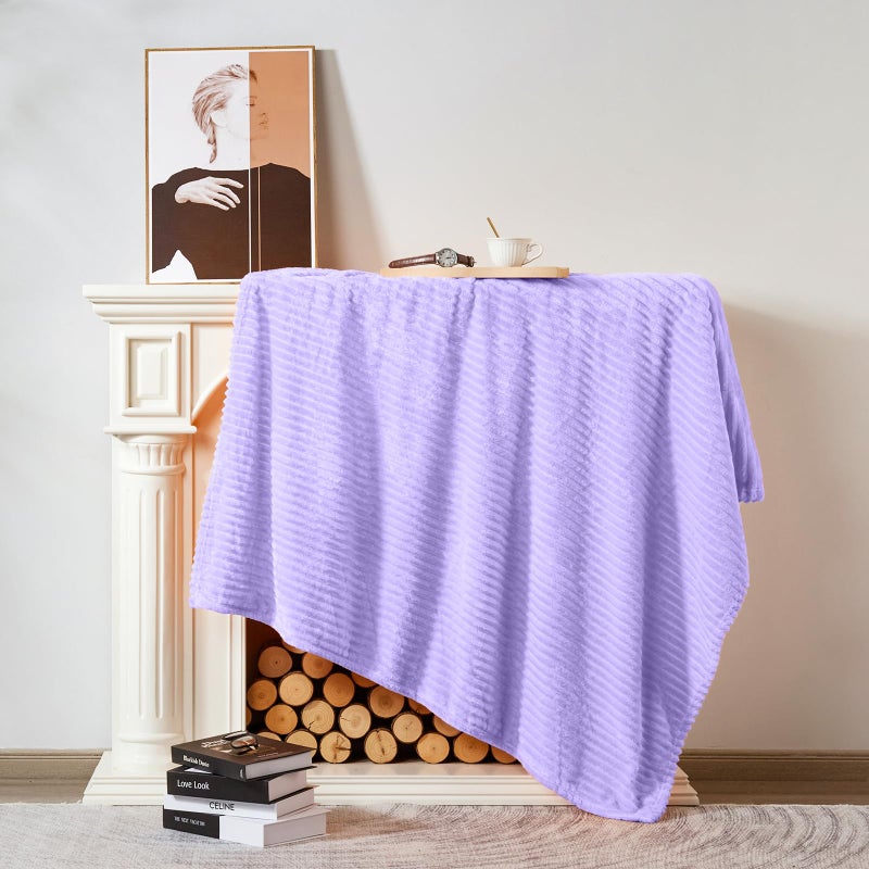 Vessia Flannel Fleece Throw Blanket for Couch,Sofa,Bed, 300GSM Striped Lavender Blanket for Adults and Kids, Super Soft Warm Cozy Lightweight Ribbed Lilac Throw for All-Season(Light Purple) - Image 3
