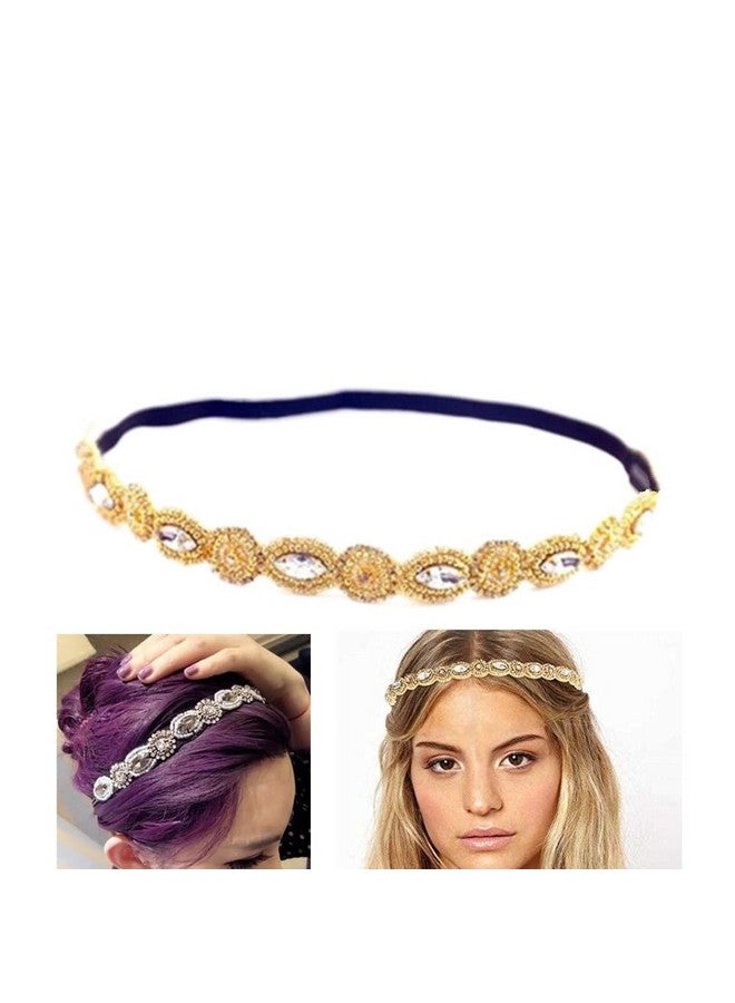 Jilukibo Fashion Handmade Crystal Rhinestone Beads Headband Retro Style Elastic Hairband Jewelry Hair Accessories Headwraps For Women Girls Brides (Gold) - Image 4