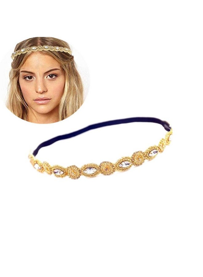 Jilukibo Fashion Handmade Crystal Rhinestone Beads Headband Retro Style Elastic Hairband Jewelry Hair Accessories Headwraps For Women Girls Brides (Gold) - Image 3