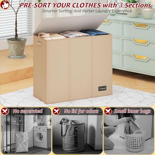 Vincona 195L Laundry Hamper 3 Section,Large Laundry Hamper with Lid,Dirty Clothes Hamper with 3 Inner Bags,Collapsible Laundry Basket Organizer for Laundry Room,Bedroom,Laundry Sorter Hamper 3 Compartment - Image 3
