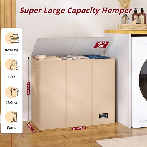 Vincona 195L Laundry Hamper 3 Section,Large Laundry Hamper with Lid,Dirty Clothes Hamper with 3 Inner Bags,Collapsible Laundry Basket Organizer for Laundry Room,Bedroom,Laundry Sorter Hamper 3 Compartment - Image 2