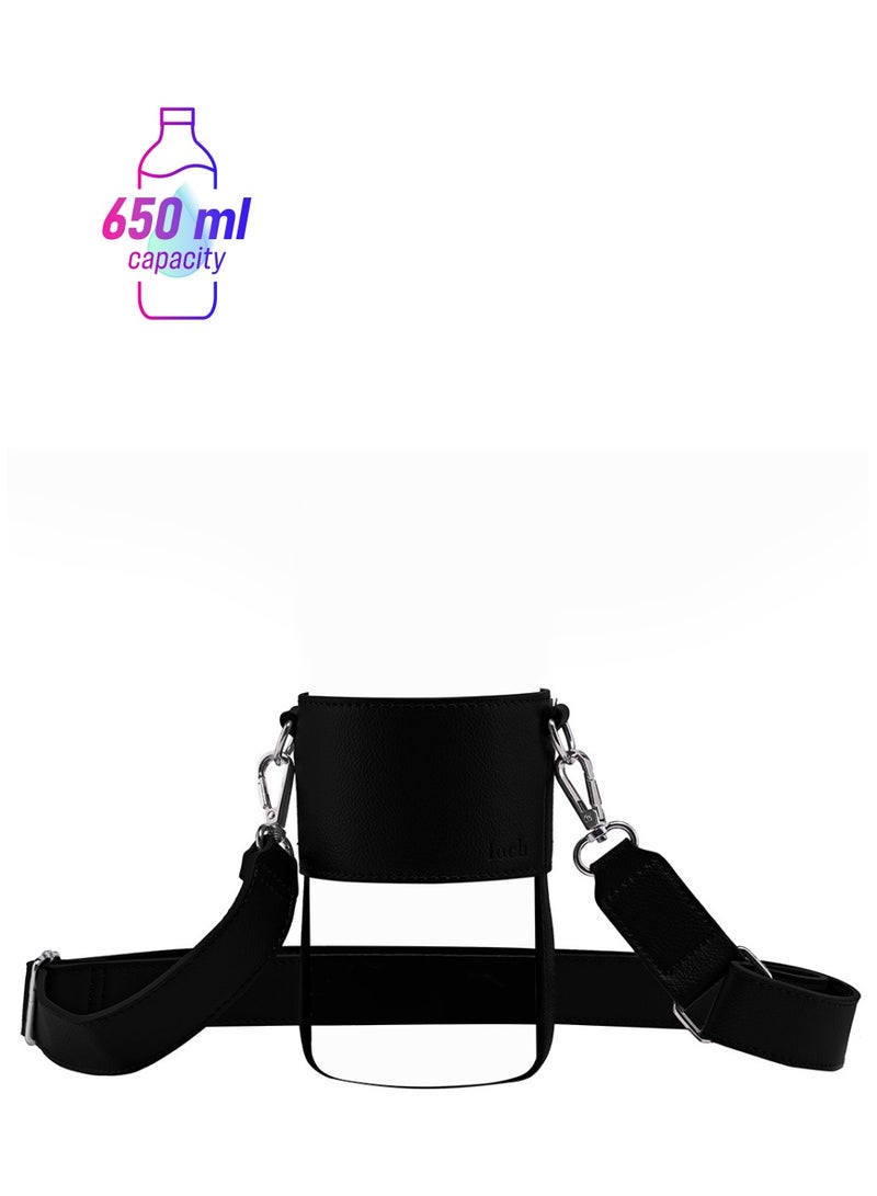 حزام أسود قابل للتعديل من الجلد النباتي بتفاصيل فضية لزجاجات 650 مل