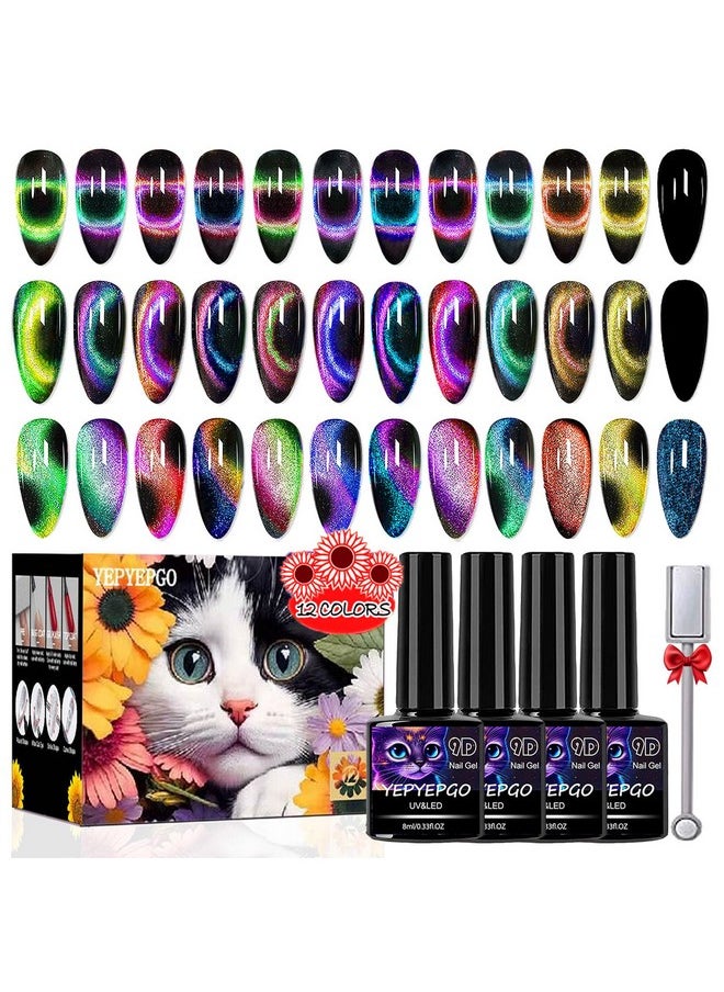 YEPYEPGO 9D Cat Eye Gel Nail Polish Set 12 Colors Cat Eye Gel Polish With Magnet Magnetic Cateye Gel Chameleon Galaxy Effects Professional Use For Salon  - Image 1