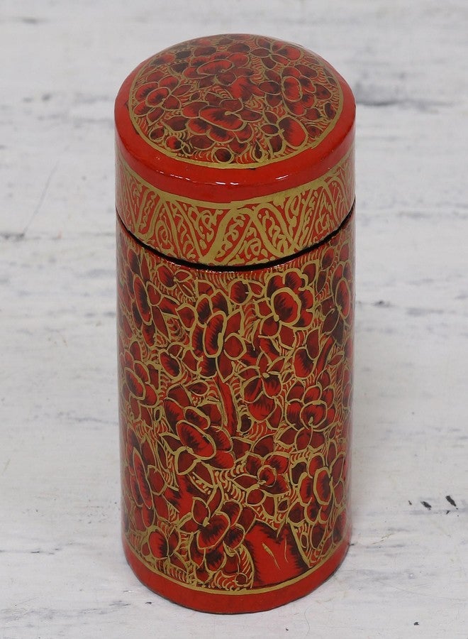NOVICA Artisan Handmade Papier Mache Toothpick Holder Red Gold Floral Wood Woodpaper India Tableware Kitchen Accessories Storage 'Red Floral Beauty' - Image 3