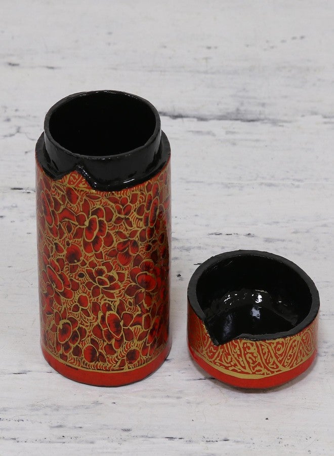 NOVICA Artisan Handmade Papier Mache Toothpick Holder Red Gold Floral Wood Woodpaper India Tableware Kitchen Accessories Storage 'Red Floral Beauty' - Image 4