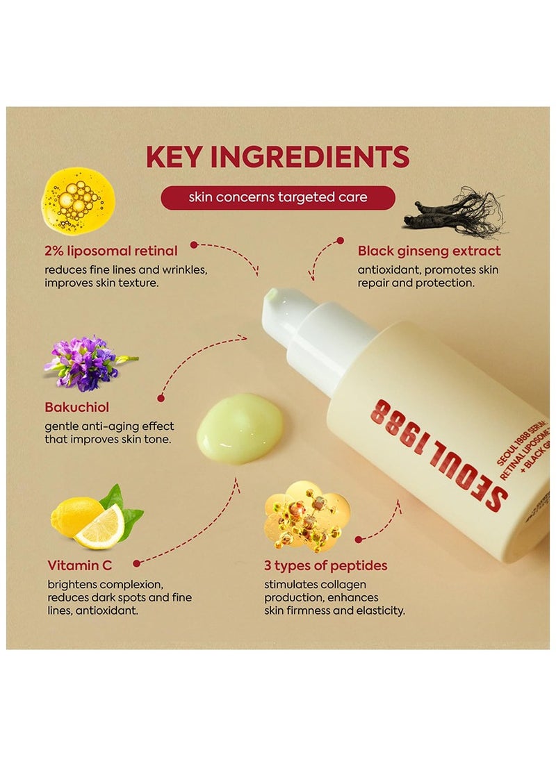 K-SECRET SEOUL 1988 Retinal Serum: 2% Retinal Liposome Black Ginseng Niacinamide Bakuchiol Vitamin C & 3 Peptides for Wrinkle Care Anti Aging - Korean Skincare Fragrance Paraben Cruelty Free 30mL - Image 2