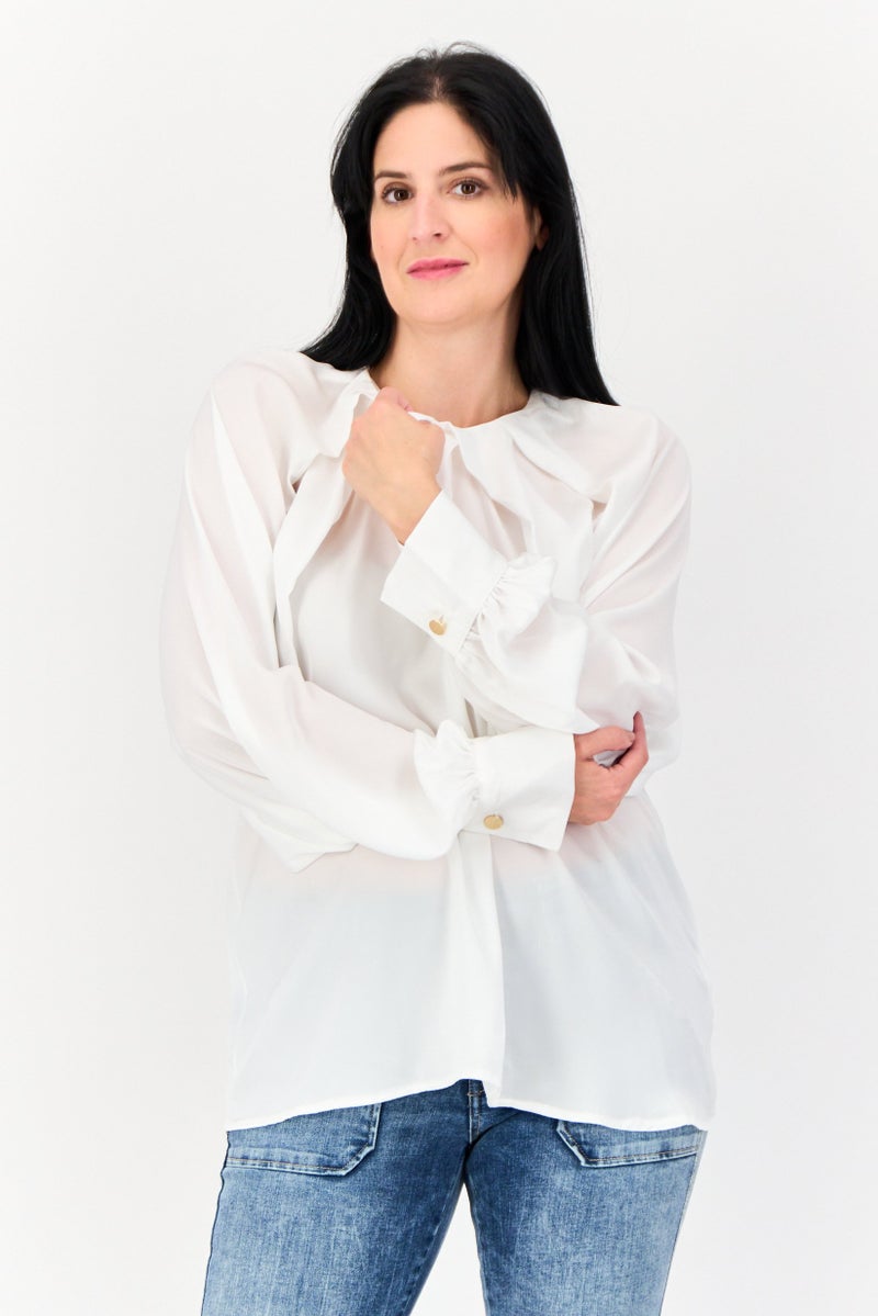 KOTON بلوزة نسائية بأكمام طويلة و ياقة دائرية، بيضاء - Image 1