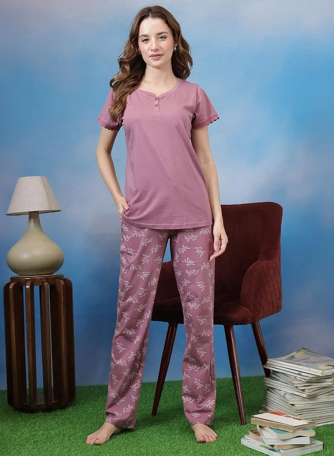 Clovia Lilac Short Sleeve V-Neck Top And Floral Print Pyjama Set