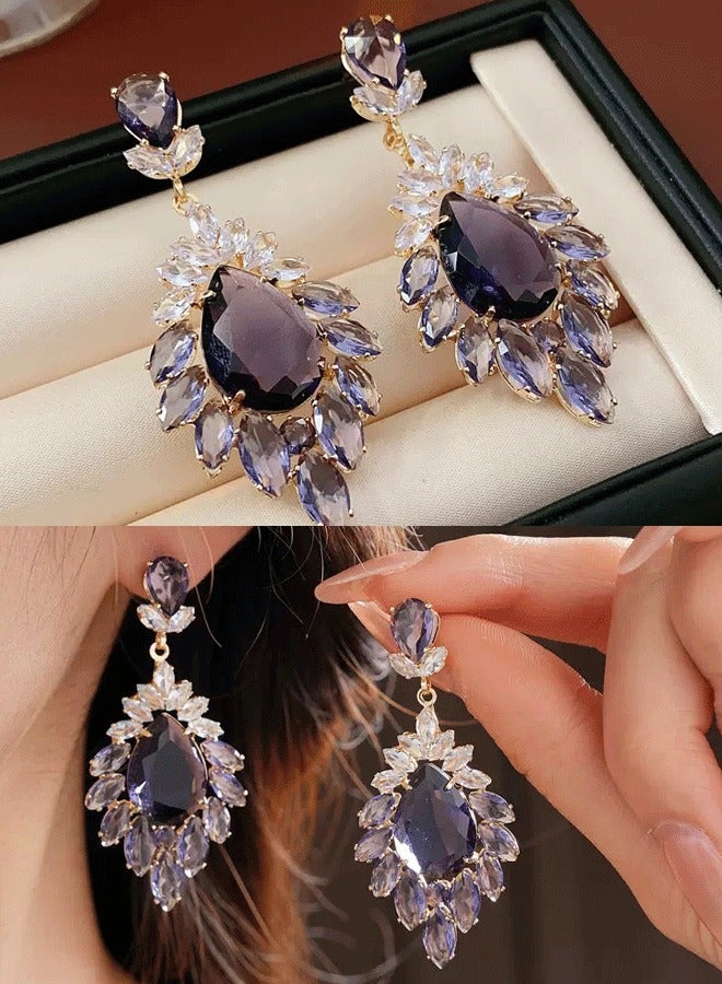 Women's Golden Plated Long Earrings, Purple Zircon Statement Earrings for Ladies, Copper & Zircon Earrings Ideal for Wedding & Festive Wear - Image 1