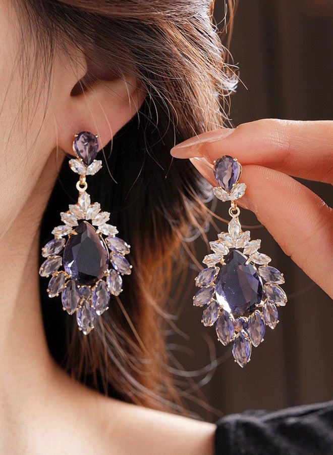 Women's Golden Plated Long Earrings, Purple Zircon Statement Earrings for Ladies, Copper & Zircon Earrings Ideal for Wedding & Festive Wear - Image 2