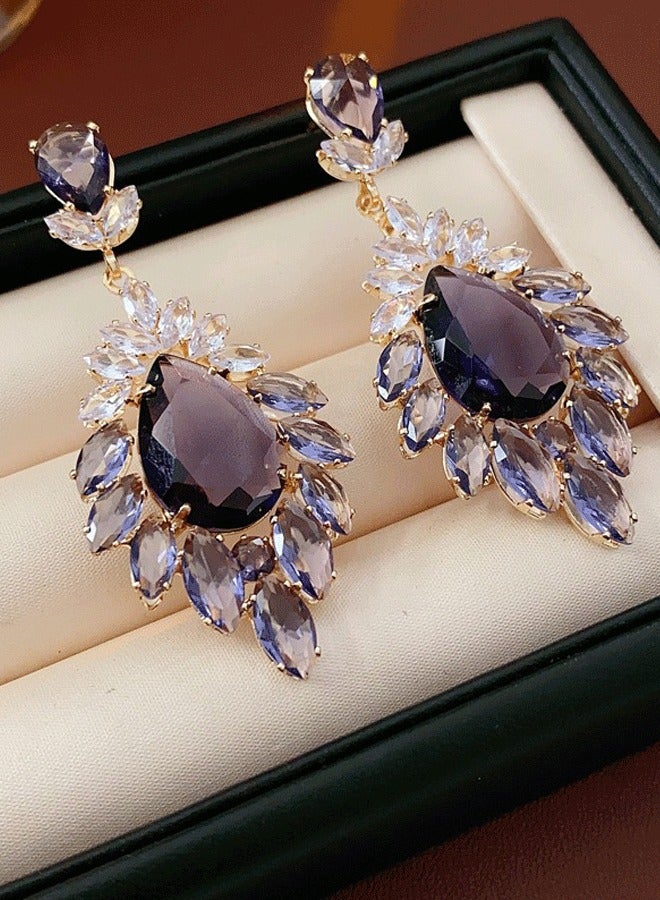 Women's Golden Plated Long Earrings, Purple Zircon Statement Earrings for Ladies, Copper & Zircon Earrings Ideal for Wedding & Festive Wear - Image 3