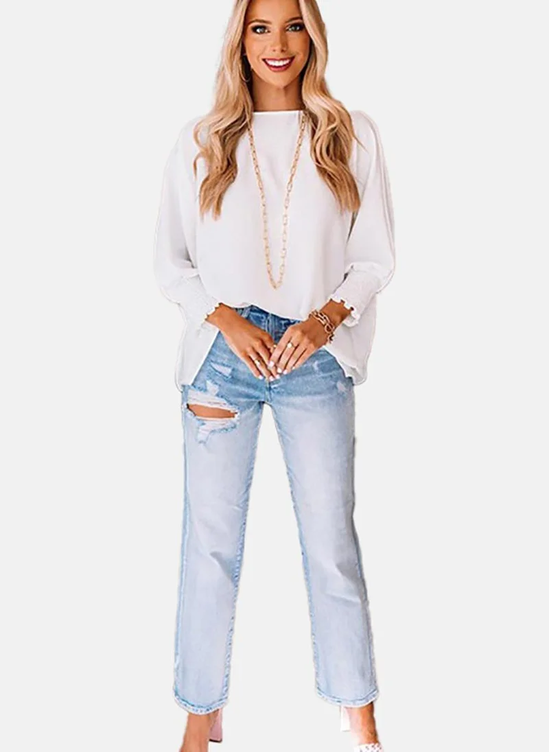 YUNIQEE White Solid Long Sleeve Boat Neck Tunics