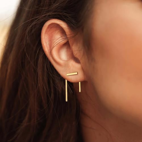 LOYATA Ear Jacket Earrings Gold Stud Bar Thread 14K Gold Plated Dainty Small Simple Hypoallergenic Geometric Jewelry Gift for Women - Image 3