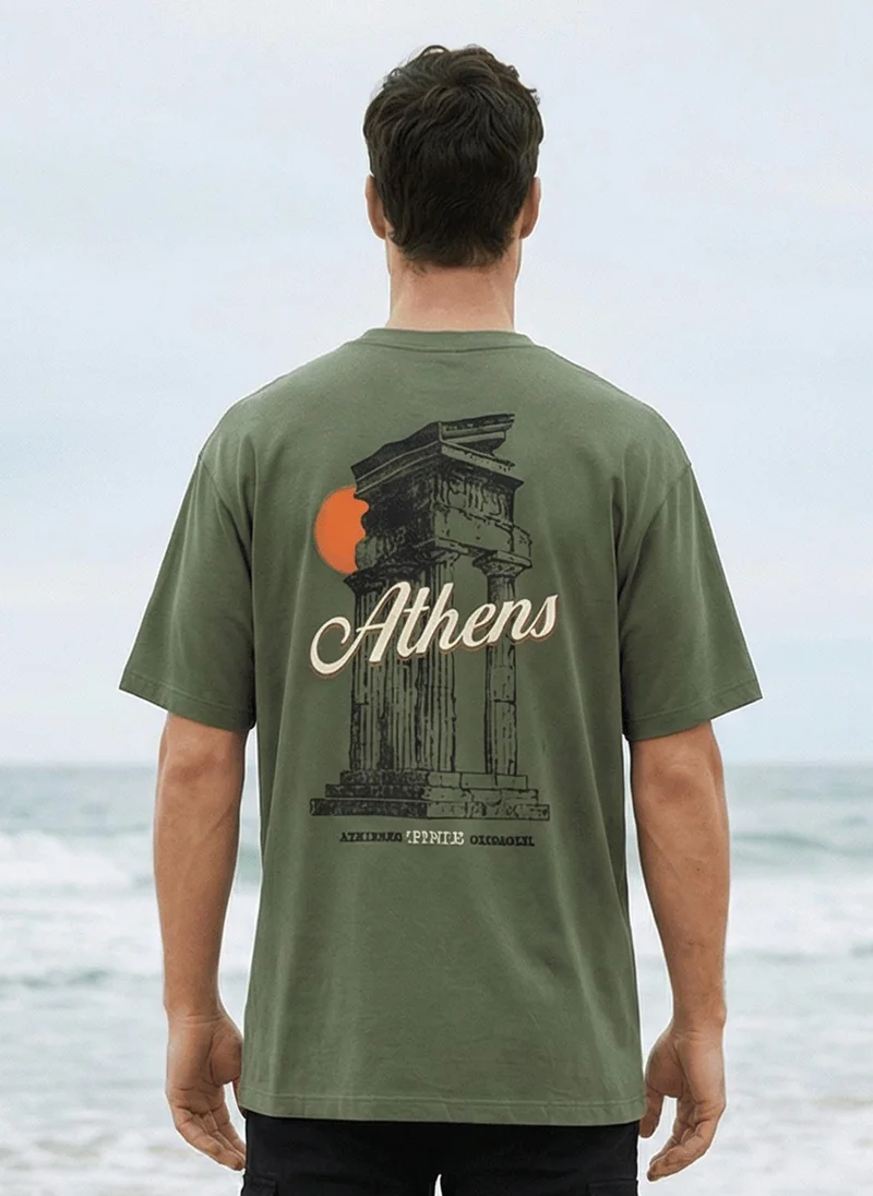NOBERO Olive Green Men Oversized Graphic Printed T-shirt for Men | Best Price UAE
