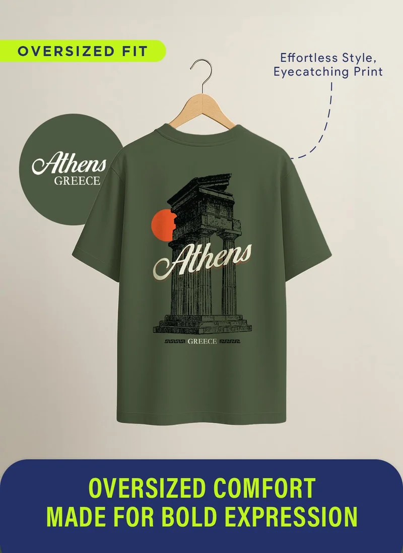 NOBERO Olive Green Men Oversized Graphic Printed T-shirt for Men | Best Price UAE