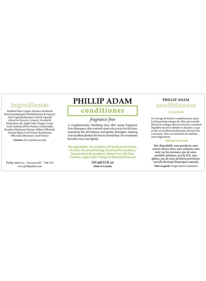 PHILLIP ADAM Fragrance Free Conditioner - Apple Cider Vinegar Formula - No Parabens - For All Hair Types - 12 Ounce - Image 1