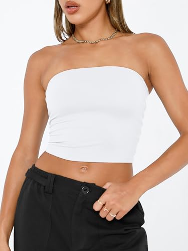 Trendy Queen Womens Tube Tops Strapless Crop Tops Basic Backless Sleeveless Bandeau Going Out Cute 2025 Summer Outfits White XS - Image 2