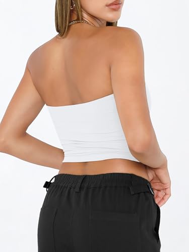 Trendy Queen Womens Tube Tops Strapless Crop Tops Basic Backless Sleeveless Bandeau Going Out Cute 2025 Summer Outfits White XS - Image 4