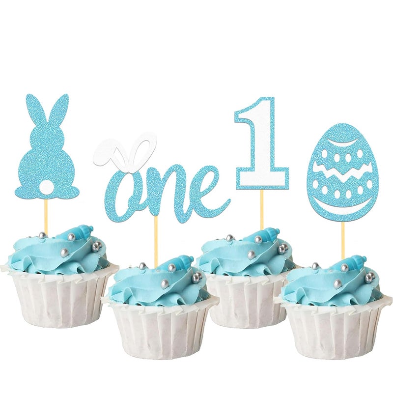 Moitkptt 24Pcs Easter 1st Birthday Cupcake Toppers  One Cupcake Topper for 1st Birthday Decorations  Baby Shower Decorations (Blue) - Image 1