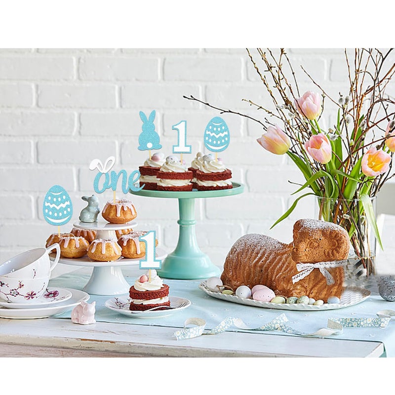 Moitkptt 24Pcs Easter 1st Birthday Cupcake Toppers  One Cupcake Topper for 1st Birthday Decorations  Baby Shower Decorations (Blue) - Image 3