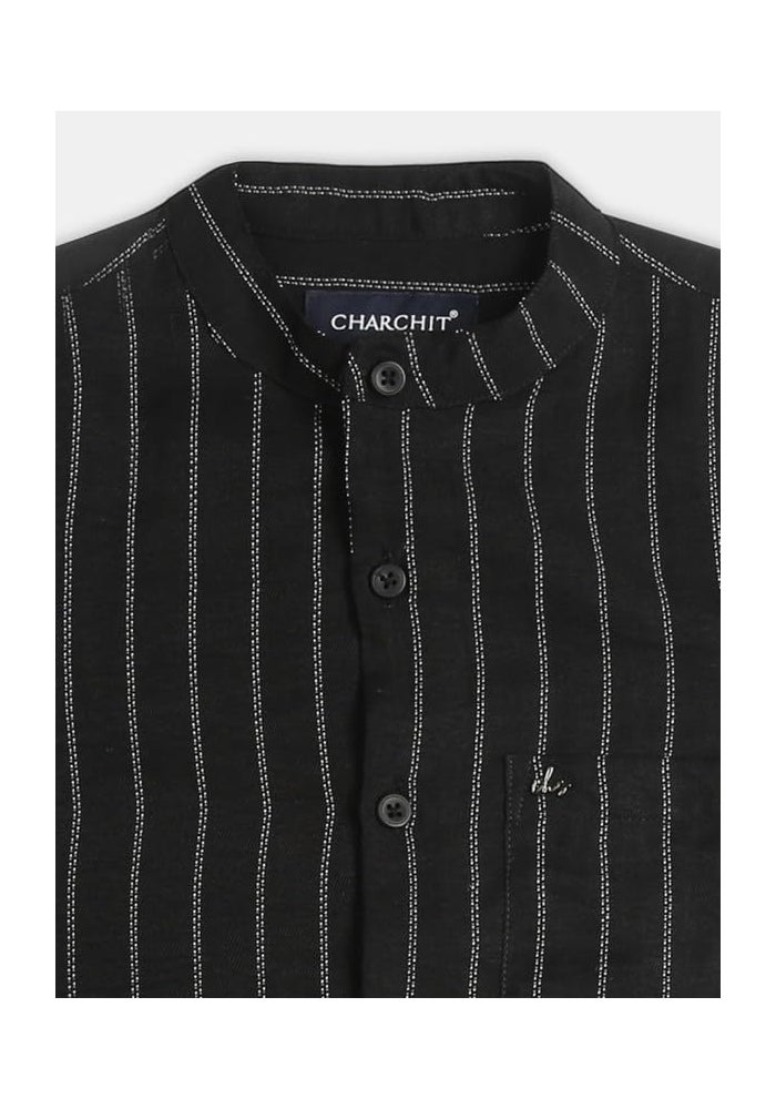 CHARCHIT قميص كاجوال مخطط بأكمام نصفية من قطن CHARCHIT للأولاد - أسود - Image 5