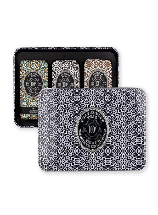 La Chatelaine Luxury Bar Soap Trio Gift Set Tin | Made in France | Natural and Organic | Shea Butter Formula | 3 x 8.8 oz / 250g - Gray Mosaic Soap Trio (Moroccan Mint, Vetiver Cedar, Bourbon Vanilla) - Image 1